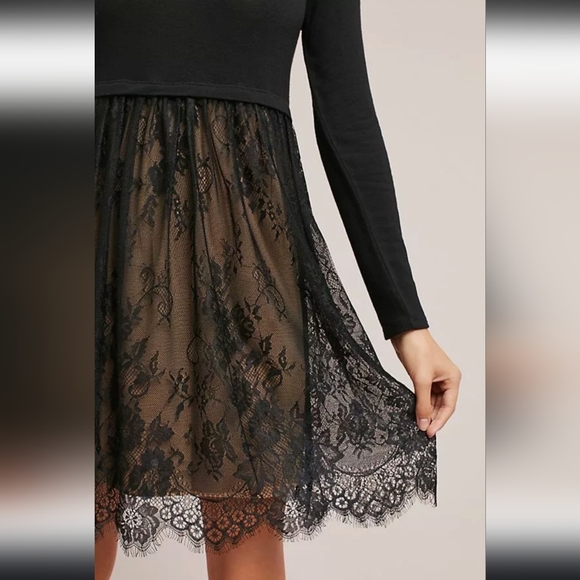 Bailey/44 Black Long-sleeve Knit and Lace Mini Dress, Size Petite S - Picture 3 of 9